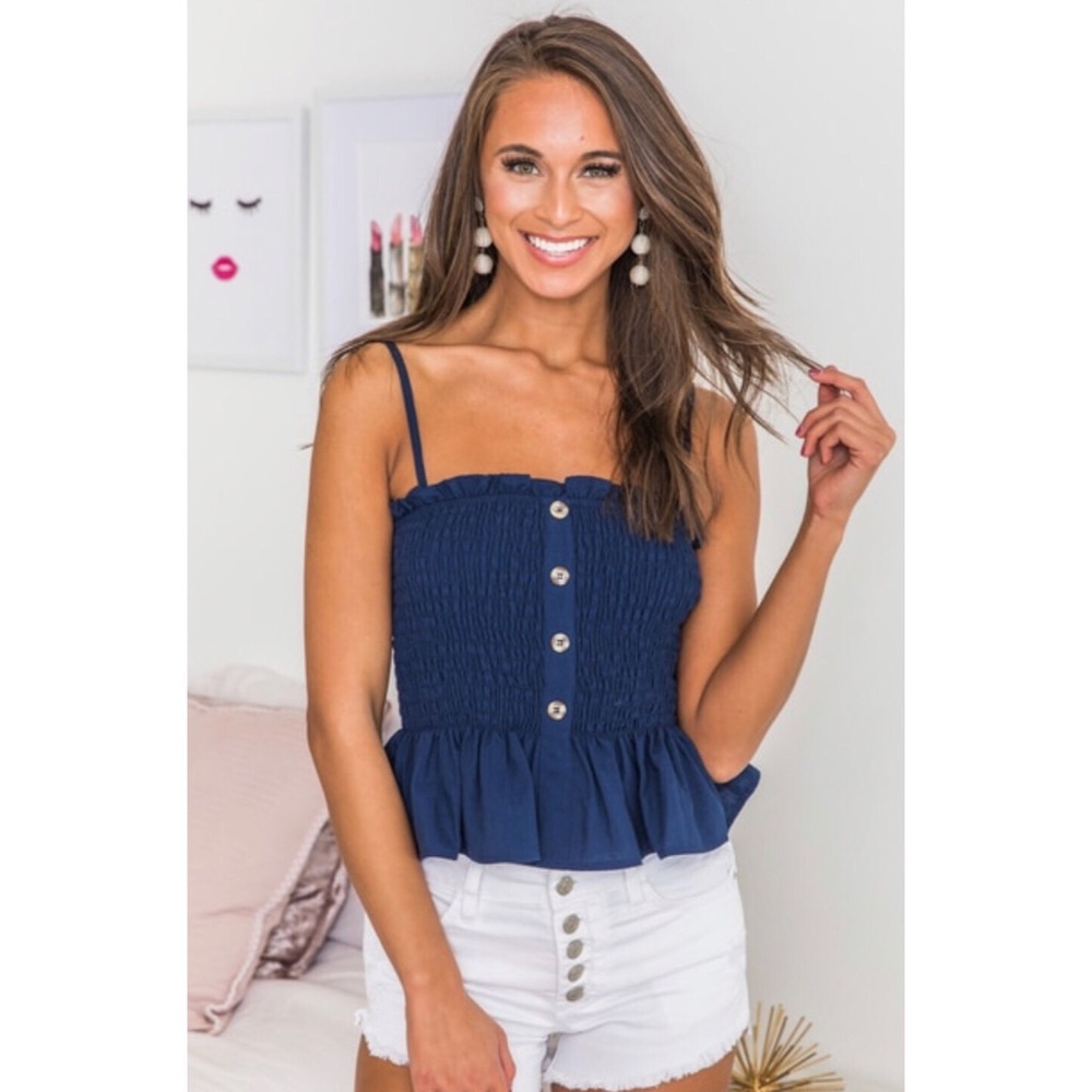 🚫 SOLD. Boho Smocked Navy Blue Tank Top
